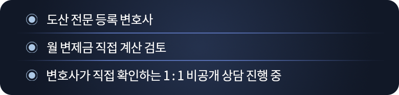 도산 전문 등록 변호사, 월 변제금 직접 계산 검토, 1대1 비공개 상담 진행 중